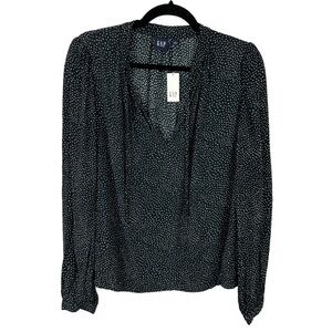 Gap Classic Rayon Long Sleeve V Neck Tie Popover Blouse Medium Black NWT